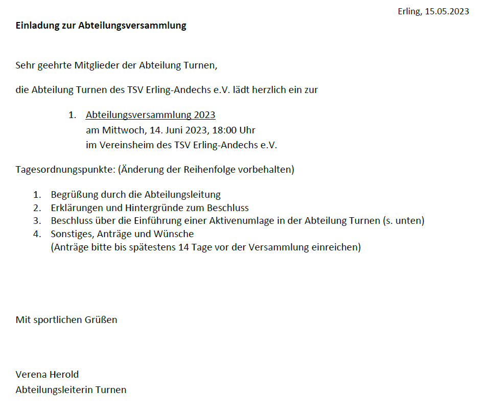 Einladung Abteilungsversammlung Turnen 2023